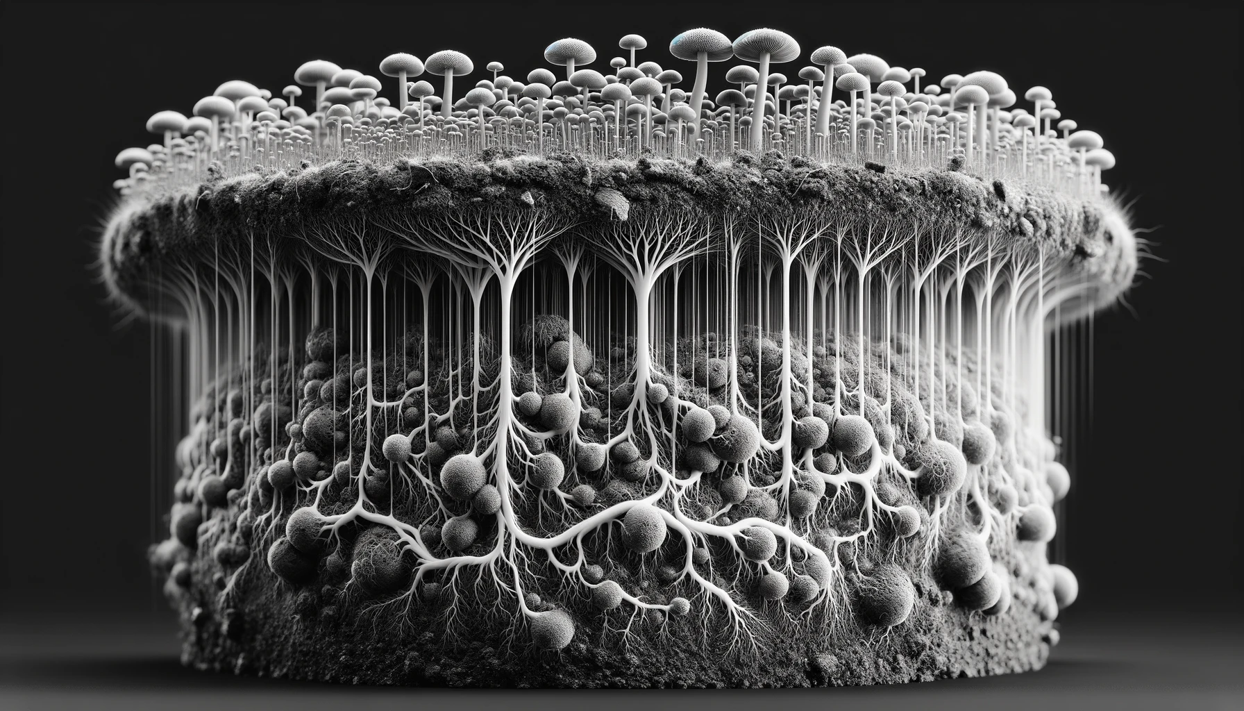 DALL·E 2024-02-08 21.42.07 - Design a black and white image depicting a vertical slice of soil about a foot deep, showcasing a cross-section view of the fungal mycelium network be.webp